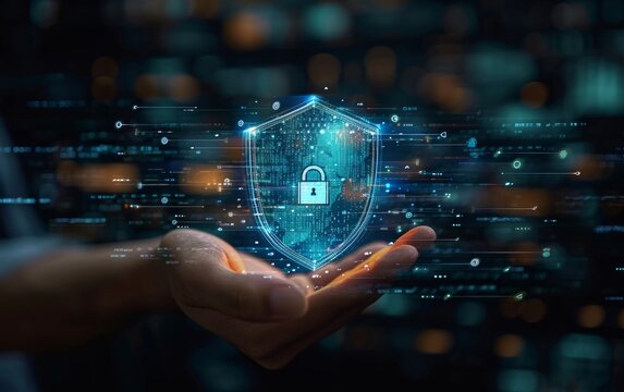 Digital Hand Presenting Cybersecurity Shield