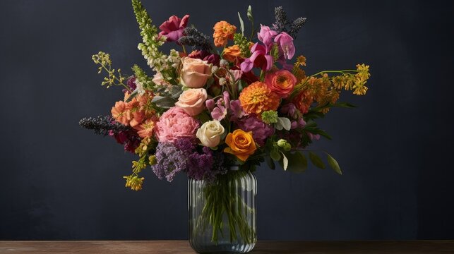 bouquet of fresh flowers with beautiful colors in vase. Banner or background image with beautiful color and flower details