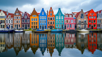 Obraz premium Charming European Cityscape with Waterfront Houses Reflecting in a Serene Canal under the Sky