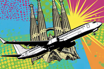 Sagrada Familia and plane illustration pop art cartoon postcard colorful, travel Spain Barcelona Europe