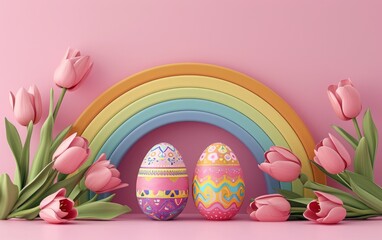 Fototapeta na wymiar 3D Colorful Easter Setup with Rainbow