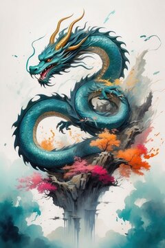 A Chinese Xiake with a big Dragon harmonious blend of Chinese ink wash painting and Western abstract art, Digital Art
