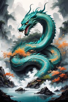 A Chinese Xiake with a big Dragon harmoni, Digital Art