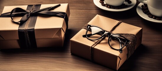 Coffee cup, eyeglasses and gift box on wooden table