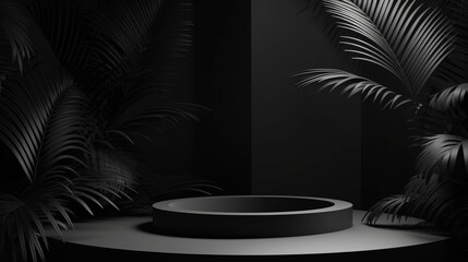 Obraz premium 3d render mockup podium stand table shelf. Black white abstract background. Palm tree leaf shadow. Nature. Dark gray. Design beauty product cosmetics. Wall stage room studio. Design concept. Creative