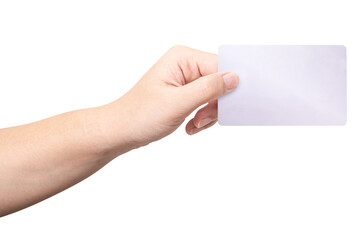 The man's hand holds silver platinum card isolated on white background.
