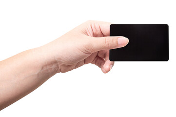 The man's hand holds a black card isolated on a white background.