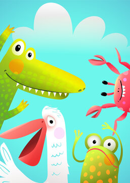 Funny animals greeting cards template. Crocodile frog bird and crab, cute friends cheering. Funny cartoon background scene for kids invitation or greeting card. Vector illustration for children.