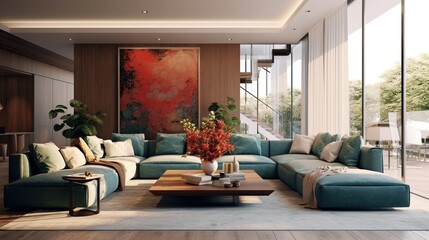 Modern luxurious living room interior composition with sophisticated color palette 