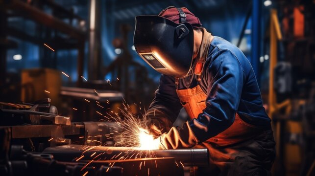 Male welder in a mask is welding metal. Generate AI image