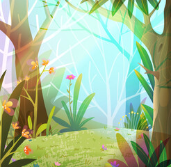 Fantasy fairy tale forest landscape scenery in spring with sunbeam. Cartoon jungle background, nature landscape with trees branches and grass. Vector hand drawn cartoon illustration for children book.