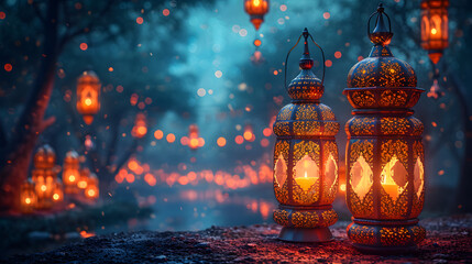 illuminating lantern ramadan on background. copy space concept, mockup.	
