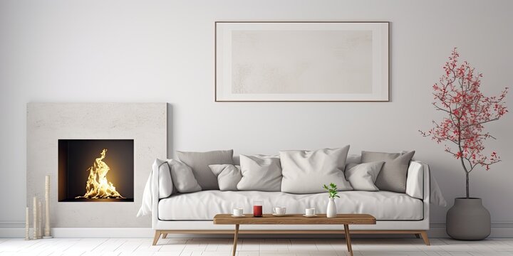 Simple living room with gray sofa, white wall with paintings, and cherries on coffee table- real photo.