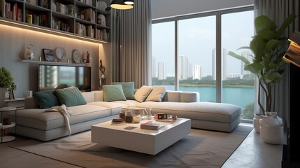 Modern elegant living room interior composition with aesthetic color palette 