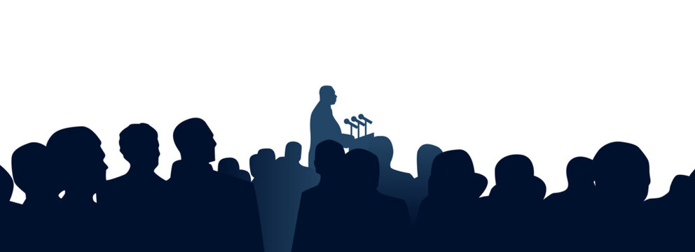 Martin Luther King Jr. Day black man speaker on tribune with microphone MLK banner horizontal