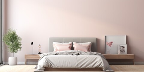 Minimalistic pastel bedroom interior with a modern concept.