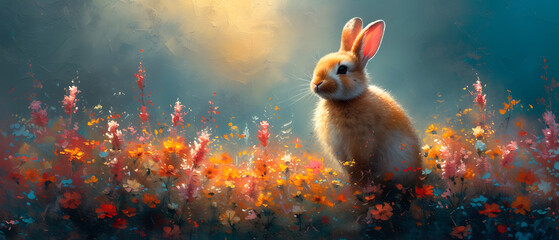 Rabbit Sitting in a Field of Flowers - obrazy, fototapety, plakaty