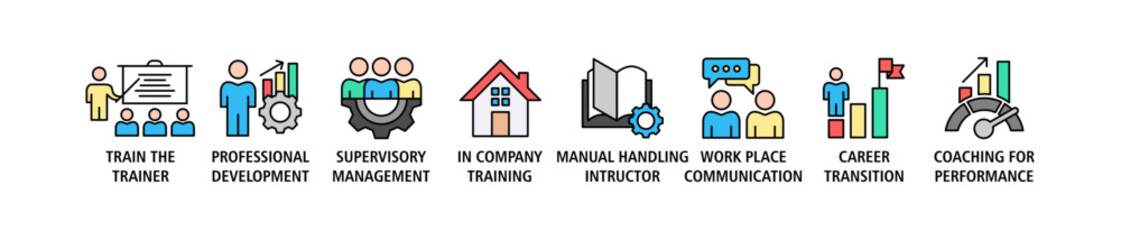 Training and development banner web icon vector illustration concept with icon of trainer, professional development, supervisory, trainee, instructor, coaching, career transition, and communication