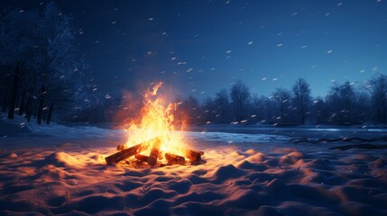 A warm bonfire burning brightly in a snowy forest landscape at night, evoking a cozy winter atmosphere.