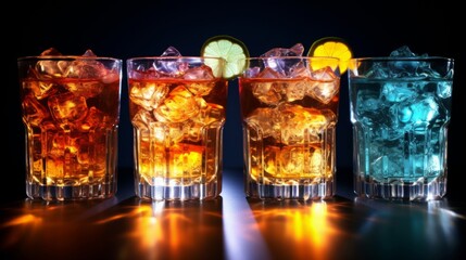 Chilled drinks in tall glasses with ice cubes and slices of citrus, glowing in the dark.