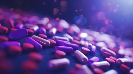 Various purple-toned medical pills and capsules with a soft bokeh effect in the background.