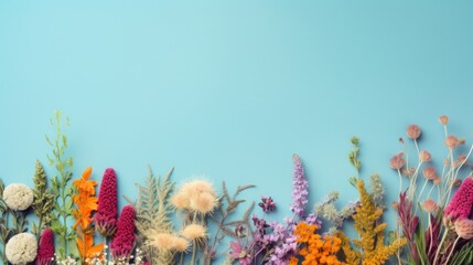 Diverse wildflowers creating a beautiful natural border on a pastel blue backdrop.