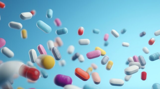 Assorted pharmaceutical pills and capsules in mid-air with a serene blue backdrop.
