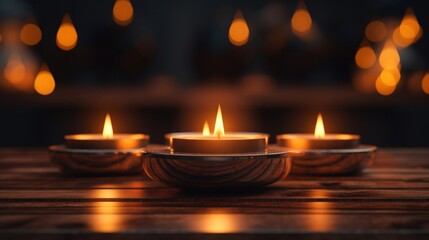 Multiple candles with a soft warm glow placed on a wooden surface, providing a tranquil ambiance.
