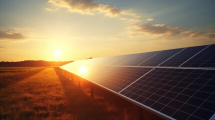 Beautiful sunset over solar panels. Generate AI image