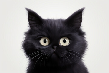Black cat on a white background. Adorable 3D cartoon animal close-up portrait.