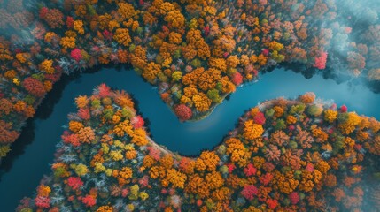 Aerial view of a winding river through a colorful autumn forest