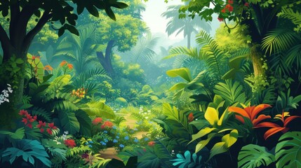 Obraz na płótnie Canvas Artistic vector depiction of a lush botanical garden, featuring a variety of plants, flowers, and natural landscapes, vibrant and detailed