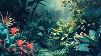 Artistic vector depiction of a lush botanical garden, featuring a variety of plants, flowers, and natural landscapes, vibrant and detailed