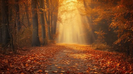 Autumn forest path covered in fallen leaves, golden light filtering through trees