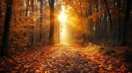 Fototapeta premium Autumn forest path covered in fallen leaves, golden light filtering through trees