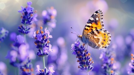 Macro shot of a butterfly on a blooming lavender, natural garden background