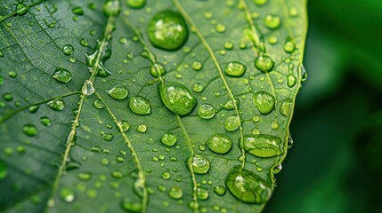 Macro shot of a leaf's surface showing veins and dew drops, vibrant green
