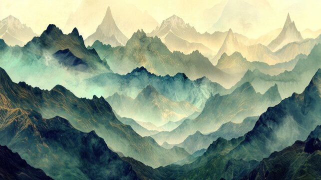Majestic mountain range with peaks in shades of green, brown, and gray