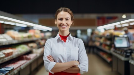 Obraz premium Friendly female supermarket employee with arms crossed smiling confidently in the store aisle.