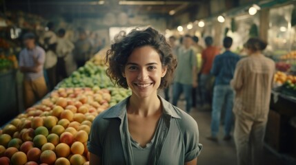 Cheerful woman enjoying shopping for fresh fruits in a bustling local produce market. - obrazy, fototapety, plakaty