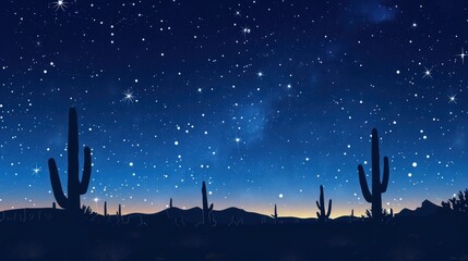 Starry night sky over a tranquil desert landscape with cacti silhouettes