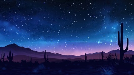 Starry night sky over a tranquil desert landscape with cacti silhouettes