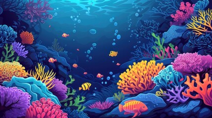 Stylized vector art of an underwater coral reef, showcasing colorful corals, fish, and marine life, emphasizing organic underwater shapes