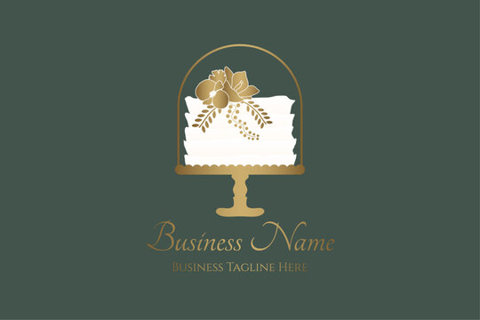 Elegant Cake Bakery Logo Design on Green Background with White and Gold Colors - Powered by Adobe
