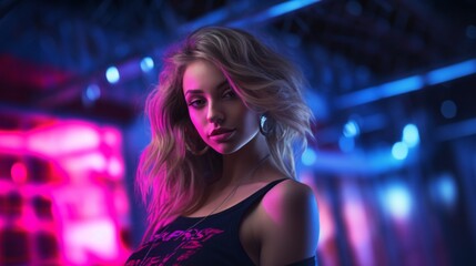Fashionable young female posing with striking neon lights at a night club.