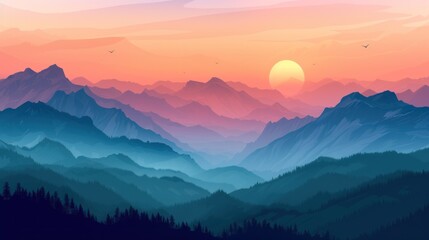 Vector illustration of a mountain landscape at sunset, with rolling hills, towering peaks, and a diverse ecosystem, serene and majestic