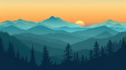 Vector illustration of a mountain landscape at sunset, with rolling hills, towering peaks, and a diverse ecosystem, serene and majestic