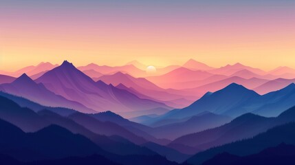 Vector illustration of a mountain landscape at sunset, with rolling hills, towering peaks, and a diverse ecosystem, serene and majestic