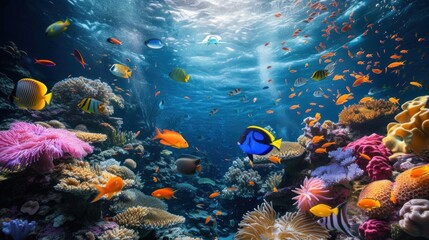 Underwater coral reef teeming with colorful fish and marine life