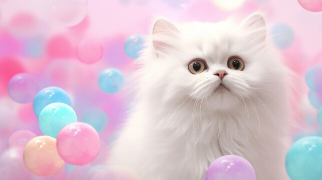 A fluffy white Persian cat with wide eyes surrounded by multicolored balloons.